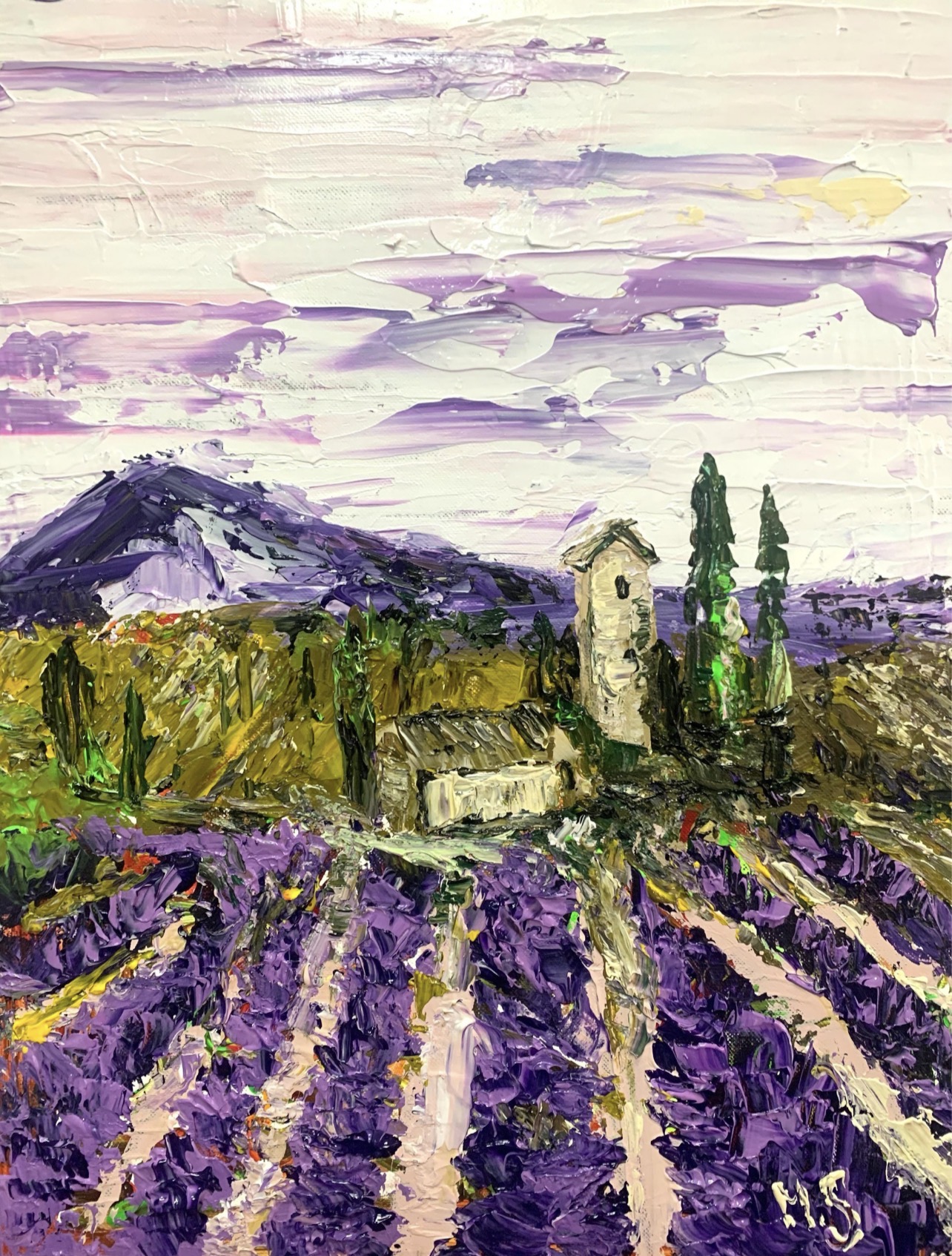 Lavender Morning in Provence — original painting by Marina Stognieva, acrylic on canvas, 30 × 40 cm, 2021